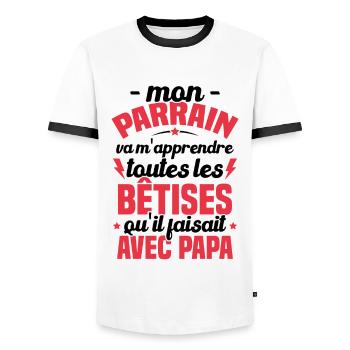 Mon Parrain Va M'apprendre Les Bêtises Humour - T-shirt contrasté Homme - blanc/noir - Devant - AI Model Female 172 light (172cm) & AI Model Male 178 dark (178cm)