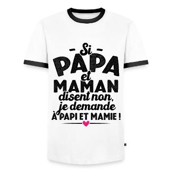 Si papa maman disent non je demande à papi mamie - T-shirt contrasté Homme - blanc/noir - Devant - AI Model Female 172 light (172cm) & AI Model Male 178 dark (178cm)