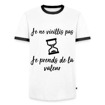Je ne vieillis pas, je prends de la valeur - T-shirt contrasté Homme - blanc/noir - Devant - AI Model Female 172 light (172cm) & AI Model Male 178 dark (178cm)