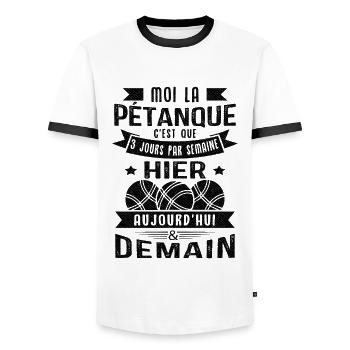 Moi la pétanque c'est que 3 jours par semaine - T-shirt contrasté Homme - blanc/noir - Devant - AI Model Female 172 light (172cm) & AI Model Male 178 dark (178cm)