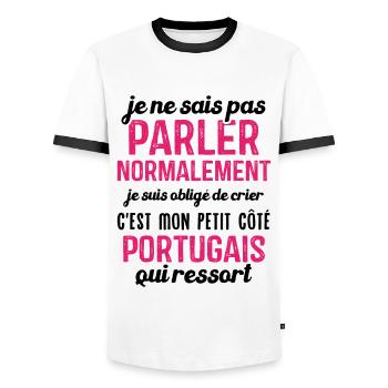 C'est mon petit côté portugais qui ressort - T-shirt contrasté Homme - blanc/noir - Devant - AI Model Female 172 light (172cm) & AI Model Male 178 dark (178cm)
