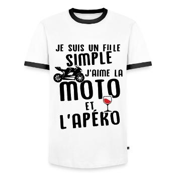 Un fille j'aime les moto et les apéros - T-shirt contrasté Homme - blanc/noir - Devant - AI Model Female 172 light (172cm) & AI Model Male 178 dark (178cm)