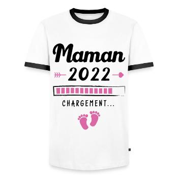 Maman 2022 Chargement, Cadeau future maman - T-shirt contrasté Homme - blanc/noir - Devant - AI Model Female 172 light (172cm) & AI Model Male 178 dark (178cm)