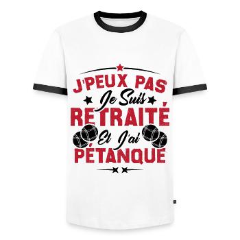 J'peux pas je suis Retraité et j'ai Pétanque - T-shirt contrasté Homme - blanc/noir - Devant - AI Model Female 172 light (172cm) & AI Model Male 178 dark (178cm)