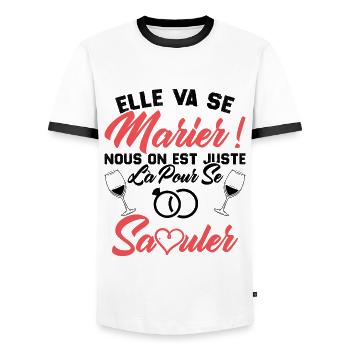 Elle va se marier, Nous juste là pour se saouler - T-shirt contrasté Homme - blanc/noir - Devant - AI Model Female 172 light (172cm) & AI Model Male 178 dark (178cm)