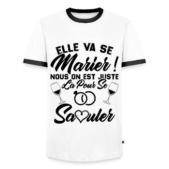 Elle va se marier, Nous juste là pour se saouler - T-shirt contrasté Homme - blanc/noir - Devant - AI Model Female 172 light (172cm) & AI Model Male 178 dark (178cm)