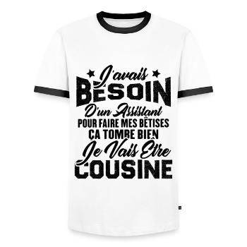 Je vais être cousine, Cadeau pour future cousine - T-shirt contrasté Homme - blanc/noir - Devant - AI Model Female 172 light (172cm) & AI Model Male 178 dark (178cm)