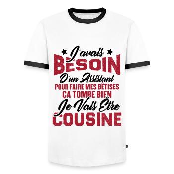 Je vais être cousine, Cadeau pour future cousine - T-shirt contrasté Homme - blanc/noir - Devant - AI Model Female 172 light (172cm) & AI Model Male 178 dark (178cm)