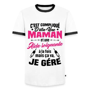 Compliqué d'être une maman et une Aide-soignante - T-shirt contrasté Homme - blanc/noir - Devant - AI Model Female 172 light (172cm) & AI Model Male 178 dark (178cm)