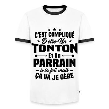 C'est compliqué d'être un tonton et un parrain - T-shirt contrasté Homme - blanc/noir - Devant - AI Model Female 172 light (172cm) & AI Model Male 178 dark (178cm)