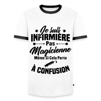Humour Cadeau Je suis infirmière pas magicienne - T-shirt contrasté Homme - blanc/noir - Devant - AI Model Female 172 light (172cm) & AI Model Male 178 dark (178cm)