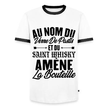 Au nom du verre de pastis et du saint whisky amène - T-shirt contrasté Homme - blanc/noir - Devant - AI Model Female 172 light (172cm) & AI Model Male 178 dark (178cm)