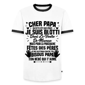 Cher papa, Je suis blotti dans le ventre de maman - T-shirt contrasté Homme - blanc/noir - Devant - AI Model Female 172 light (172cm) & AI Model Male 178 dark (178cm)
