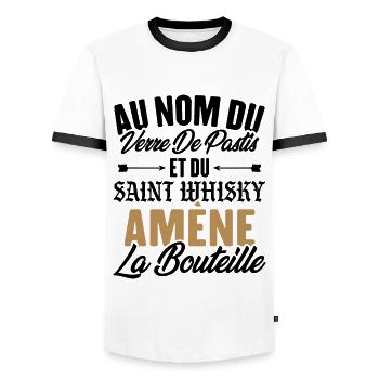 Au nom du verre de pastis et du saint whisky amène - T-shirt contrasté Homme - blanc/noir - Devant - AI Model Female 172 light (172cm) & AI Model Male 178 dark (178cm)