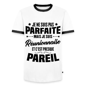 Je ne suis pas parfaite mais je suis Réunionnaise - T-shirt contrasté Homme - blanc/noir - Devant - AI Model Female 172 light (172cm) & AI Model Male 178 dark (178cm)