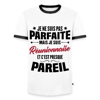 Je ne suis pas parfaite mais je suis Réunionnaise - T-shirt contrasté Homme - blanc/noir - Devant - AI Model Female 172 light (172cm) & AI Model Male 178 dark (178cm)