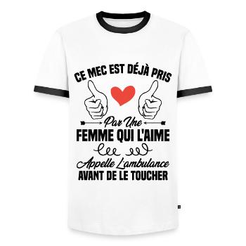 Ce mec est déjà pris par une femme qui l'aime - T-shirt contrasté Homme - blanc/noir - Devant - AI Model Female 172 light (172cm) & AI Model Male 178 dark (178cm)