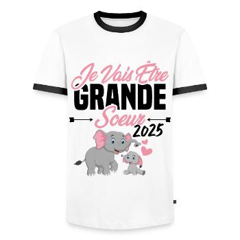 Je Vais Être Grande Sœur 2025, Annonce Grossesse - T-shirt contrasté Homme - blanc/noir - Devant - AI Model Female 172 light (172cm) & AI Model Male 178 dark (178cm)
