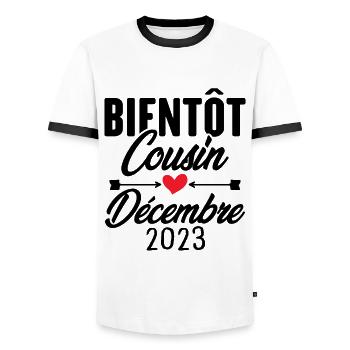 Bientôt Cousin Décembre 2023, Annonce Grossesse - T-shirt contrasté Homme - blanc/noir - Devant - AI Model Female 172 light (172cm) & AI Model Male 178 dark (178cm)
