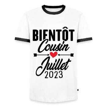 Bientôt Cousin Juillet 2023, Annonce Grossesse - T-shirt contrasté Homme - blanc/noir - Devant - AI Model Female 172 light (172cm) & AI Model Male 178 dark (178cm)