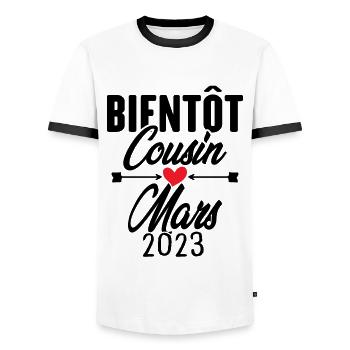Bientôt Cousin Mars 2023, Annonce Grossesse - T-shirt contrasté Homme - blanc/noir - Devant - AI Model Female 172 light (172cm) & AI Model Male 178 dark (178cm)