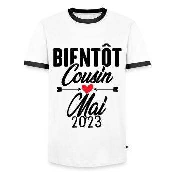 Bientôt Cousin Mai 2023, Annonce Grossesse - T-shirt contrasté Homme - blanc/noir - Devant - AI Model Female 172 light (172cm) & AI Model Male 178 dark (178cm)