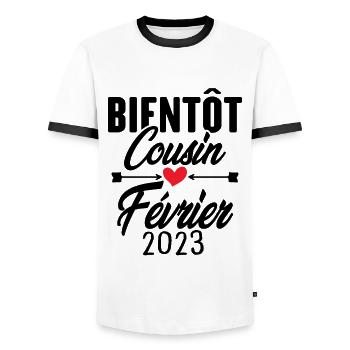 Bientôt Cousin Février 2023, Annonce Grossesse - T-shirt contrasté Homme - blanc/noir - Devant - AI Model Female 172 light (172cm) & AI Model Male 178 dark (178cm)