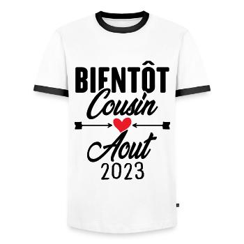 Bientôt Cousin Aout 2023, Annonce Grossesse - T-shirt contrasté Homme - blanc/noir - Devant - AI Model Female 172 light (172cm) & AI Model Male 178 dark (178cm)