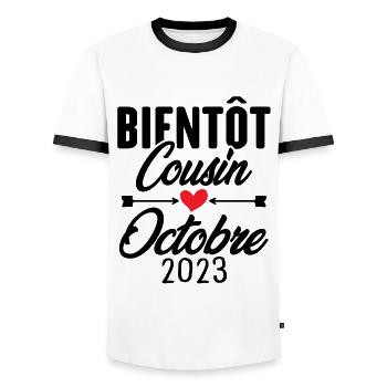 Bientôt Cousin Octobre 2023, Annonce Grossesse - T-shirt contrasté Homme - blanc/noir - Devant - AI Model Female 172 light (172cm) & AI Model Male 178 dark (178cm)