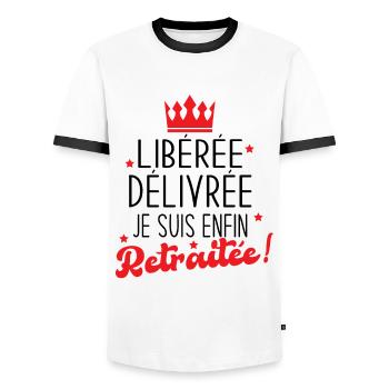 Libérée Délivrée Je suis Enfin Retraitée Cadeau - T-shirt contrasté Homme - blanc/noir - Devant - AI Model Female 172 light (172cm) & AI Model Male 178 dark (178cm)