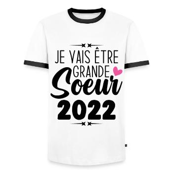 Je Vais Être Grande Sœur 2022, Annonce Grossesse - T-shirt contrasté Homme - blanc/noir - Devant - AI Model Female 172 light (172cm) & AI Model Male 178 dark (178cm)