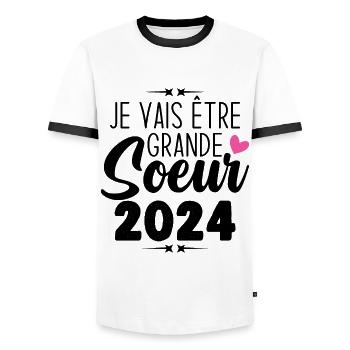 Je Vais Être Grande Sœur 2024, Annonce Grossesse - T-shirt contrasté Homme - blanc/noir - Devant - AI Model Female 172 light (172cm) & AI Model Male 178 dark (178cm)