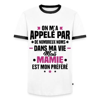 On m'a appelée par tous les noms mais Mamie - T-shirt contrasté Homme - blanc/noir - Devant - AI Model Female 172 light (172cm) & AI Model Male 178 dark (178cm)