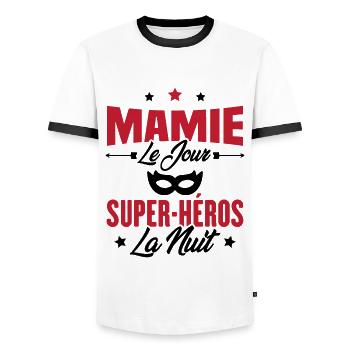 Mamie le jour super héros la nuit, Cadeau mamie - T-shirt contrasté Homme - blanc/noir - Devant - AI Model Female 172 light (172cm) & AI Model Male 178 dark (178cm)
