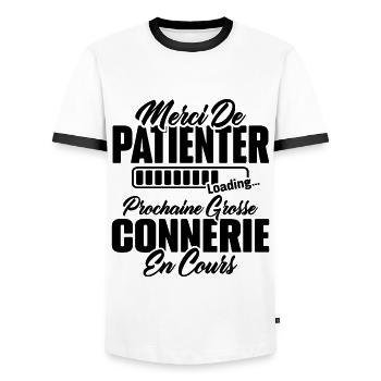 Humour cadeau prochaine grosse connerie en cours - T-shirt contrasté Homme - blanc/noir - Devant - AI Model Female 172 light (172cm) & AI Model Male 178 dark (178cm)