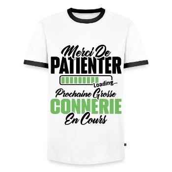 Humour cadeau prochaine grosse connerie en cours - T-shirt contrasté Homme - blanc/noir - Devant - AI Model Female 172 light (172cm) & AI Model Male 178 dark (178cm)