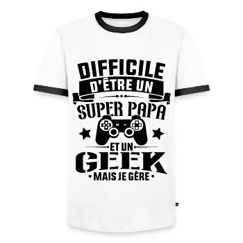 Un super papa et Un geek - Cadeau papa jeux video - T-shirt contrasté Homme - blanc/noir - Devant - AI Model Female 172 light (172cm) & AI Model Male 178 dark (178cm)