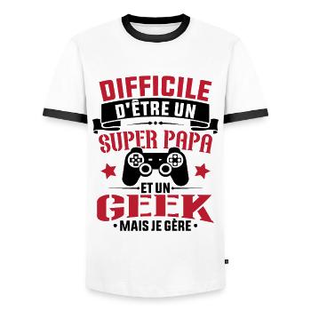 Un super papa et Un geek - Cadeau papa jeux video - T-shirt contrasté Homme - blanc/noir - Devant - AI Model Female 172 light (172cm) & AI Model Male 178 dark (178cm)