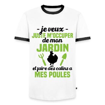 M'occuper de mon jardin, Cadeau jardinier poules - T-shirt contrasté Homme - blanc/noir - Devant - AI Model Female 172 light (172cm) & AI Model Male 178 dark (178cm)