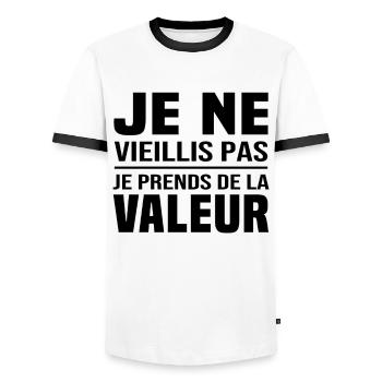 Je ne vieillis pas, je prends de la valeur - T-shirt contrasté Homme - blanc/noir - Devant - AI Model Female 172 light (172cm) & AI Model Male 178 dark (178cm)