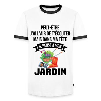 Dans ma tête je pense a mon jardin - T-shirt contrasté Homme - blanc/noir - Devant - AI Model Female 172 light (172cm) & AI Model Male 178 dark (178cm)