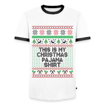 This is my christmas pajama shirt - T-shirt contrasté Homme - blanc/noir - Devant - AI Model Female 172 light (172cm) & AI Model Male 178 dark (178cm)