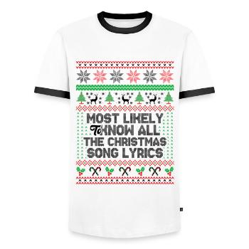 Most Likely To Know All The Christmas Song Lyrics - T-shirt contrasté Homme - blanc/noir - Devant - AI Model Female 172 light (172cm) & AI Model Male 178 dark (178cm)