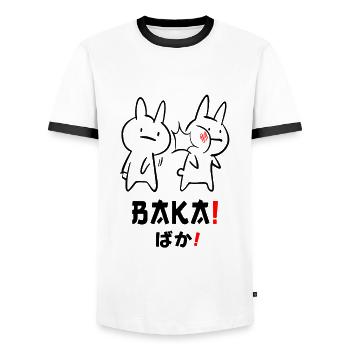 Baka - Slap in Japanese Anime Manga - Men's Ringer Shirt - white/black - Front - AI Model Female 172 light (172cm) & AI Model Male 178 dark (178cm)