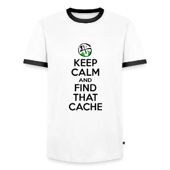 Geocaching - Keep Calm Find That Cache - Geocacher - Men's Ringer Shirt - white/black - Front - AI Model Female 172 light (172cm) & AI Model Male 178 dark (178cm)