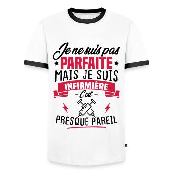 Pas parfaite mais je suis infirmière - T-shirt contrasté Homme - blanc/noir - Devant - AI Model Female 172 light (172cm) & AI Model Male 178 dark (178cm)