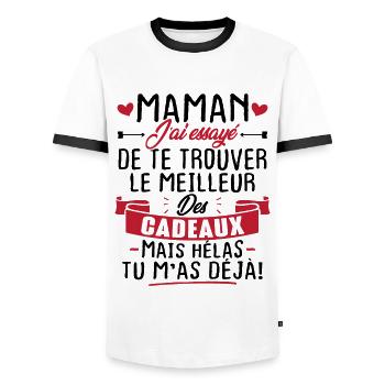Maman le meilleur cadeau mais hélas tu m'as déjà! - T-shirt contrasté Homme - blanc/noir - Devant - AI Model Female 172 light (172cm) & AI Model Male 178 dark (178cm)