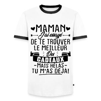 Maman le meilleur cadeau mais hélas tu m'as déjà! - T-shirt contrasté Homme - blanc/noir - Devant - AI Model Female 172 light (172cm) & AI Model Male 178 dark (178cm)