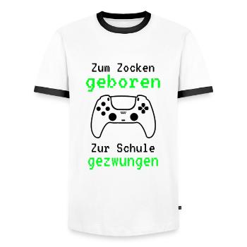 Gamer - Zum Zocken Geboren Zur Schule Gezwungen - Männer Kontrast-T-Shirt - Weiß/Schwarz - Vorne - AI Model Female 172 light (172cm) & AI Model Male 178 dark (178cm)