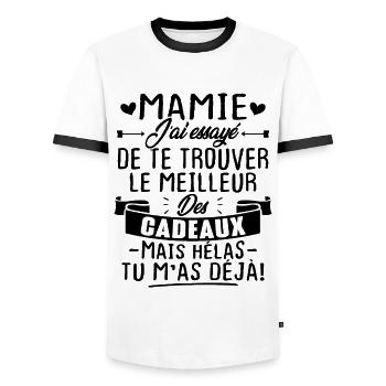 Mamie le meilleur cadeau mais hélas tu m'as déjà! - T-shirt contrasté Homme - blanc/noir - Devant - AI Model Female 172 light (172cm) & AI Model Male 178 dark (178cm)
